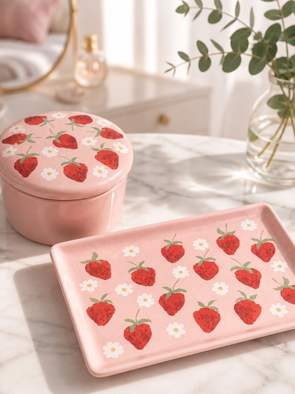 Strawberry Pink Ceramic Trinket Dish & Small Lidded dish Set